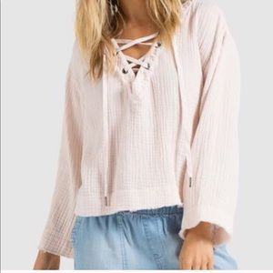 Anthro Cloth & Stone pink bell sleeve lace up top